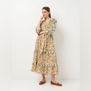 Zara belted floral print midi dress featuring a V-neck and puff sleeves.